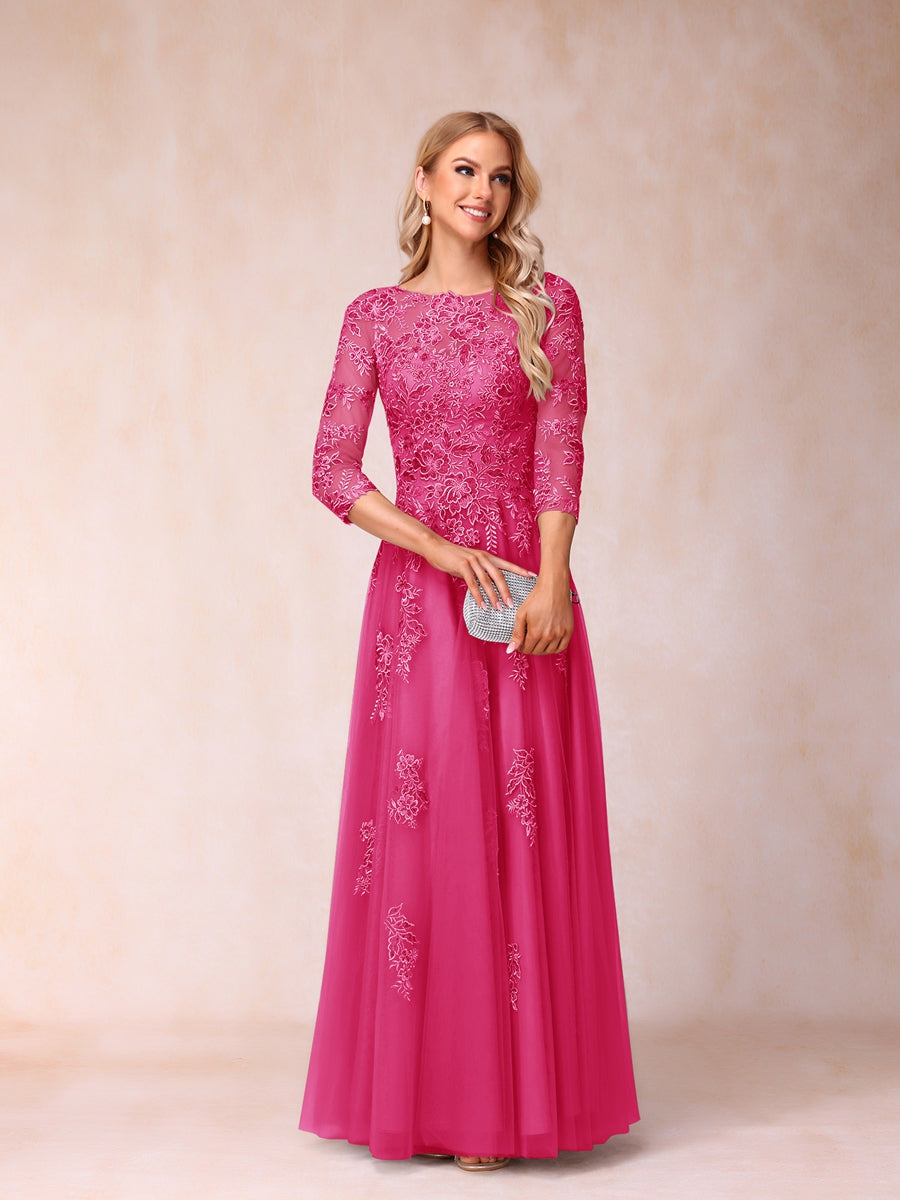 A-Line/Princess Sheer Neck Half Sleeves Long Formal Evening Dresses with Beading & Appliques