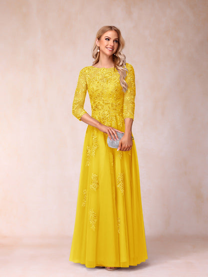 A-Line/Princess Sheer Neck Half Sleeves Long Formal Evening Dresses with Beading & Appliques