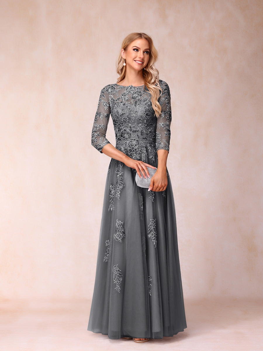 A-Line/Princess Sheer Neck Half Sleeves Long Formal Evening Dresses with Beading & Appliques
