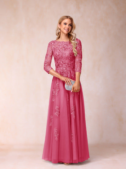 A-Line/Princess Sheer Neck Half Sleeves Long Formal Evening Dresses with Beading & Appliques