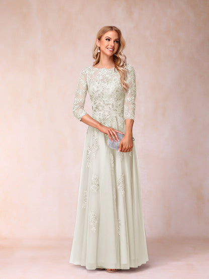 A-Line/Princess Sheer Neck Half Sleeves Long Formal Evening Dresses with Beading & Appliques