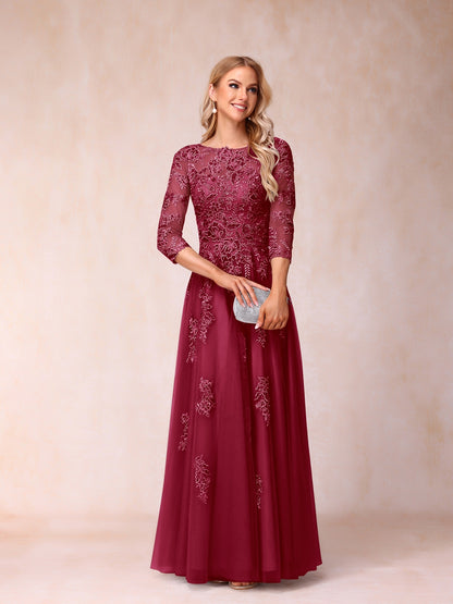 A-Line/Princess Sheer Neck Half Sleeves Long Formal Evening Dresses with Beading & Appliques