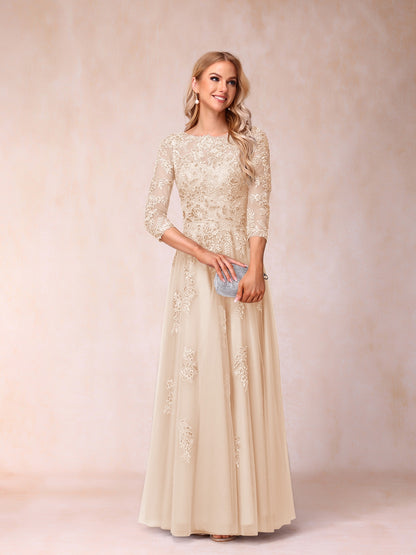 A-Line/Princess Sheer Neck Half Sleeves Long Formal Evening Dresses with Beading & Appliques