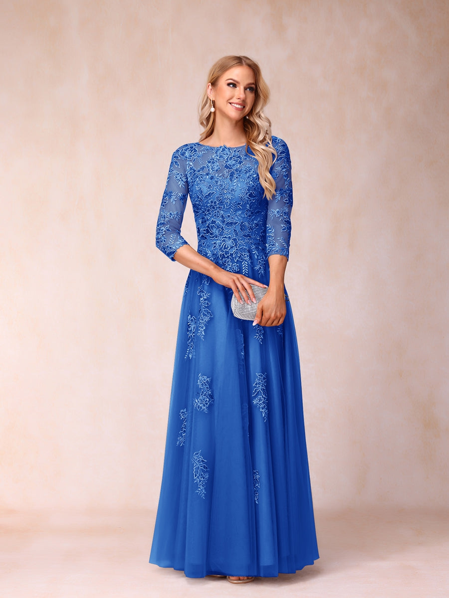 A-Line/Princess Sheer Neck Half Sleeves Long Formal Evening Dresses with Beading & Appliques