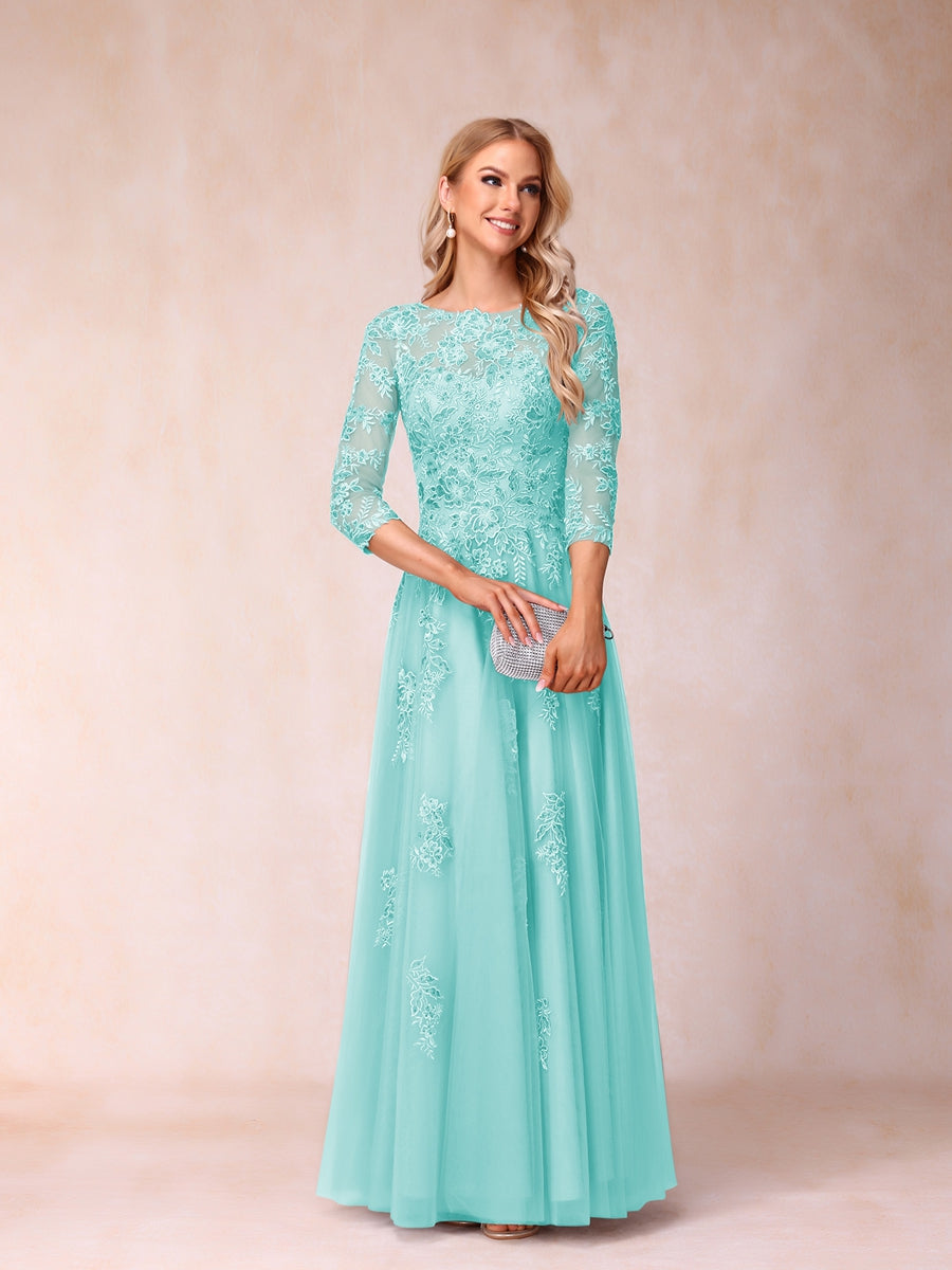 A-Line/Princess Sheer Neck Half Sleeves Long Formal Evening Dresses with Beading & Appliques