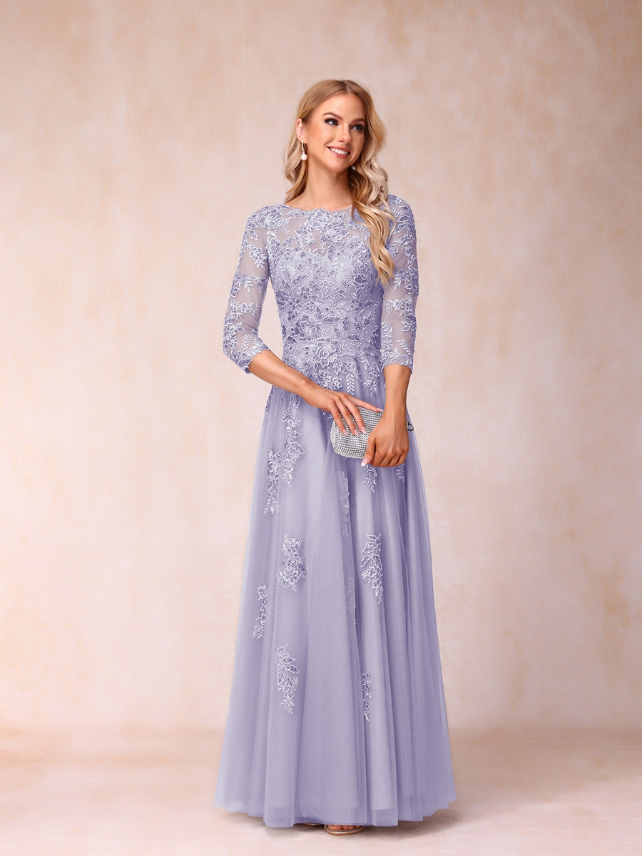 A-Line/Princess Sheer Neck Half Sleeves Long Formal Evening Dresses with Beading & Appliques