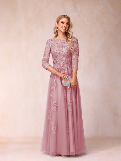 A-Line/Princess Sheer Neck Half Sleeves Long Formal Evening Dresses with Beading & Appliques