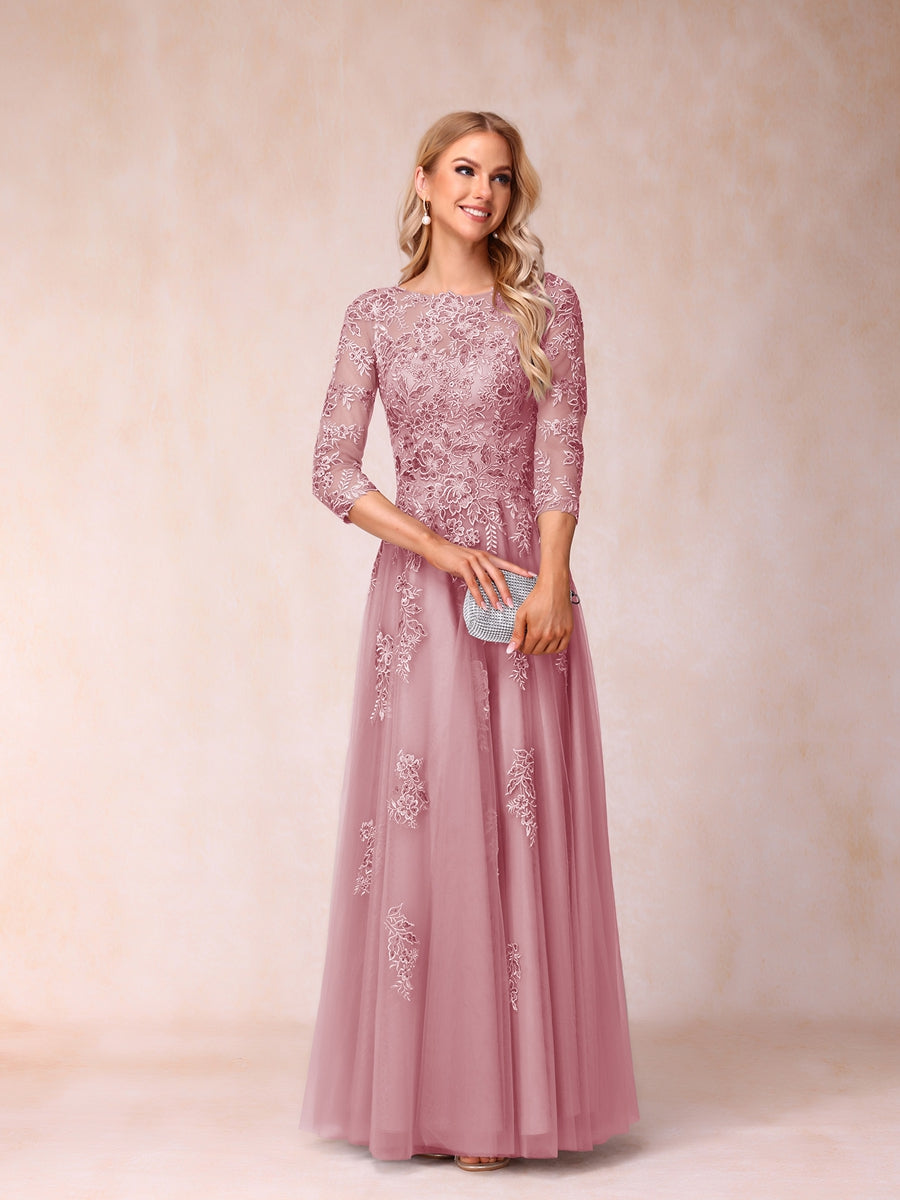 A-Line/Princess Sheer Neck Half Sleeves Long Formal Evening Dresses with Beading & Appliques