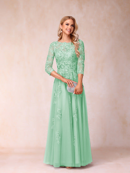 A-Line/Princess Sheer Neck Half Sleeves Long Formal Evening Dresses with Beading & Appliques