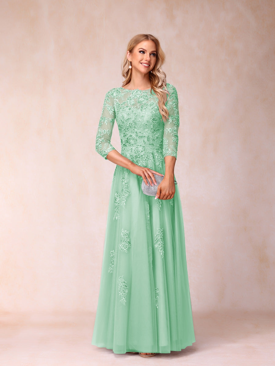 A-Line/Princess Sheer Neck Half Sleeves Long Formal Evening Dresses with Beading & Appliques