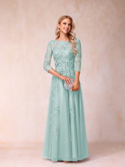 A-Line/Princess Sheer Neck Half Sleeves Long Formal Evening Dresses with Beading & Appliques