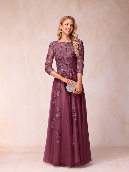 A-Line/Princess Sheer Neck Half Sleeves Long Formal Evening Dresses with Beading & Appliques