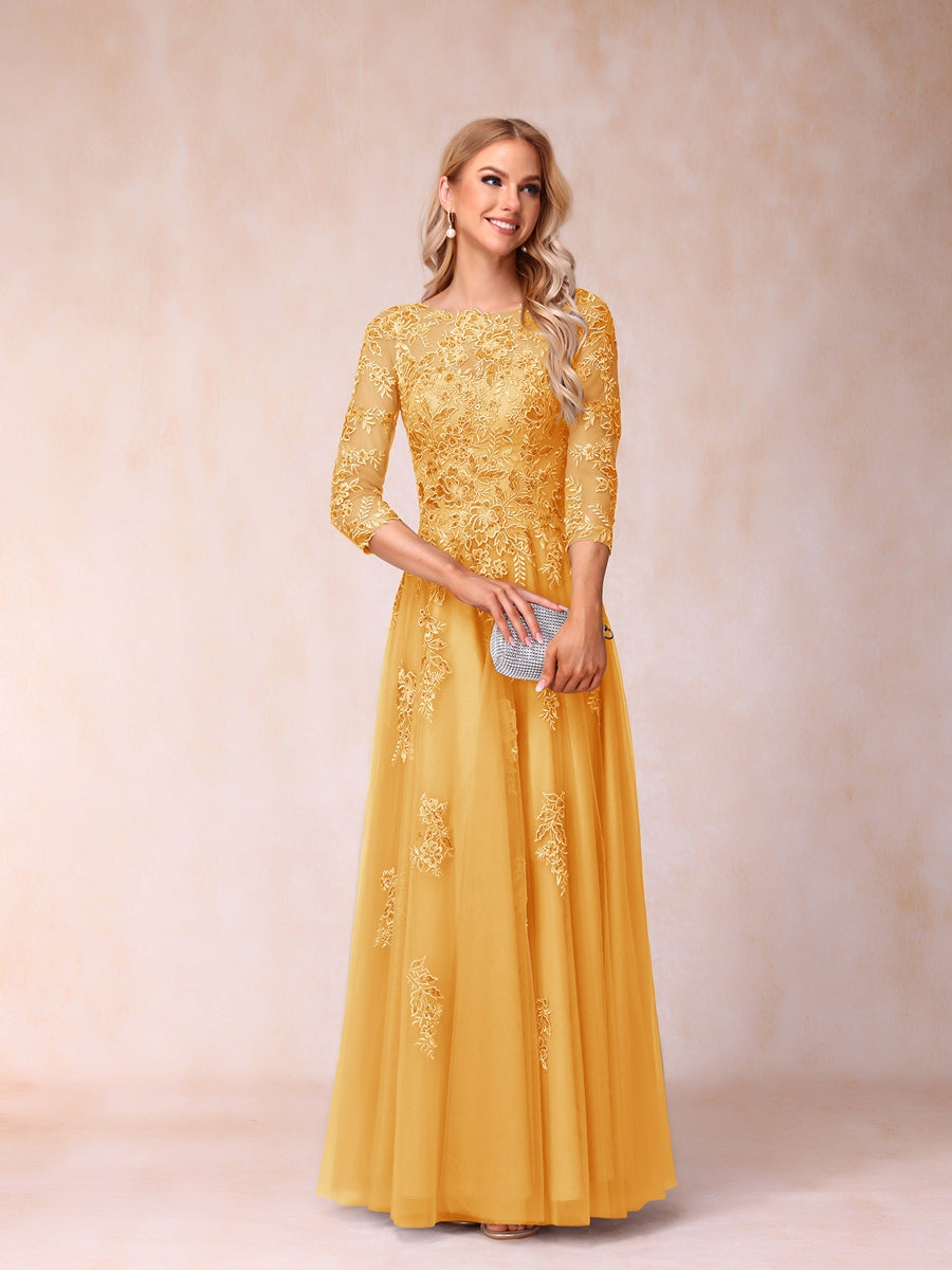A-Line/Princess Sheer Neck Half Sleeves Long Formal Evening Dresses with Beading & Appliques