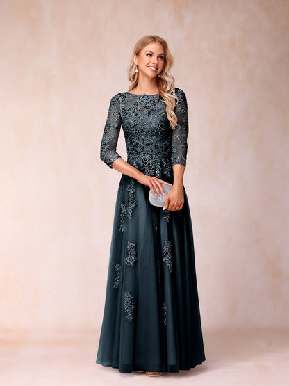 A-Line/Princess Sheer Neck Half Sleeves Long Formal Evening Dresses with Beading & Appliques