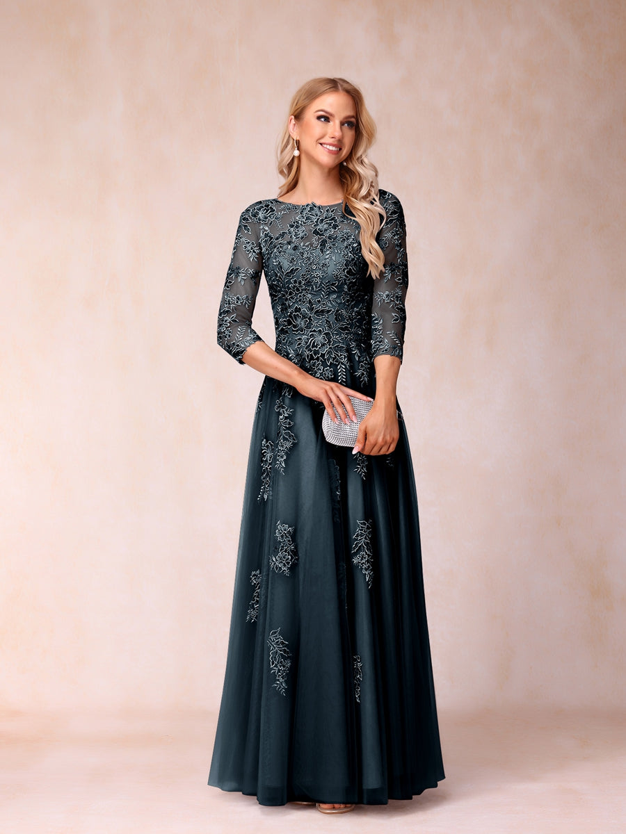 A-Line/Princess Sheer Neck Half Sleeves Long Formal Evening Dresses with Beading & Appliques