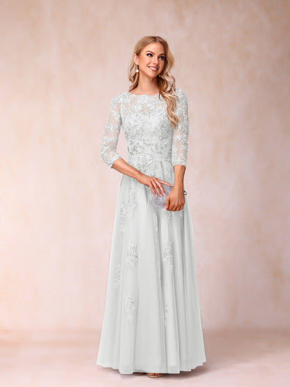 A-Line/Princess Sheer Neck Half Sleeves Long Formal Evening Dresses with Beading & Appliques