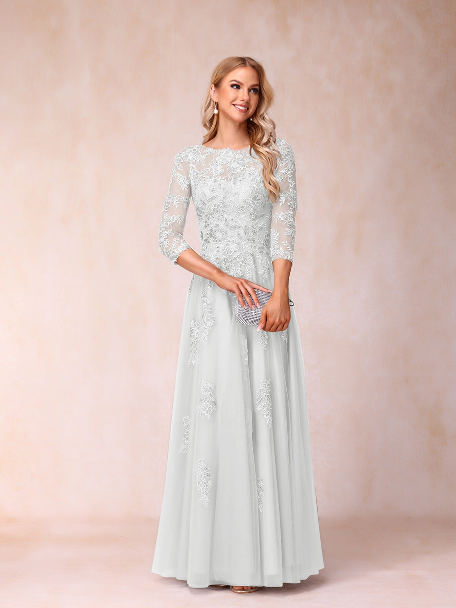 A-Line/Princess Sheer Neck Half Sleeves Long Formal Evening Dresses with Beading & Appliques