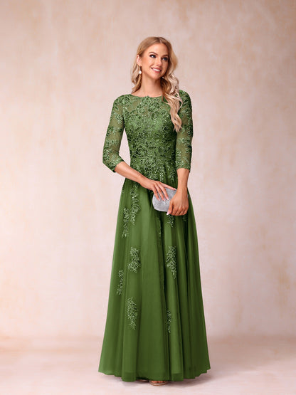A-Line/Princess Sheer Neck Half Sleeves Long Formal Evening Dresses with Beading & Appliques