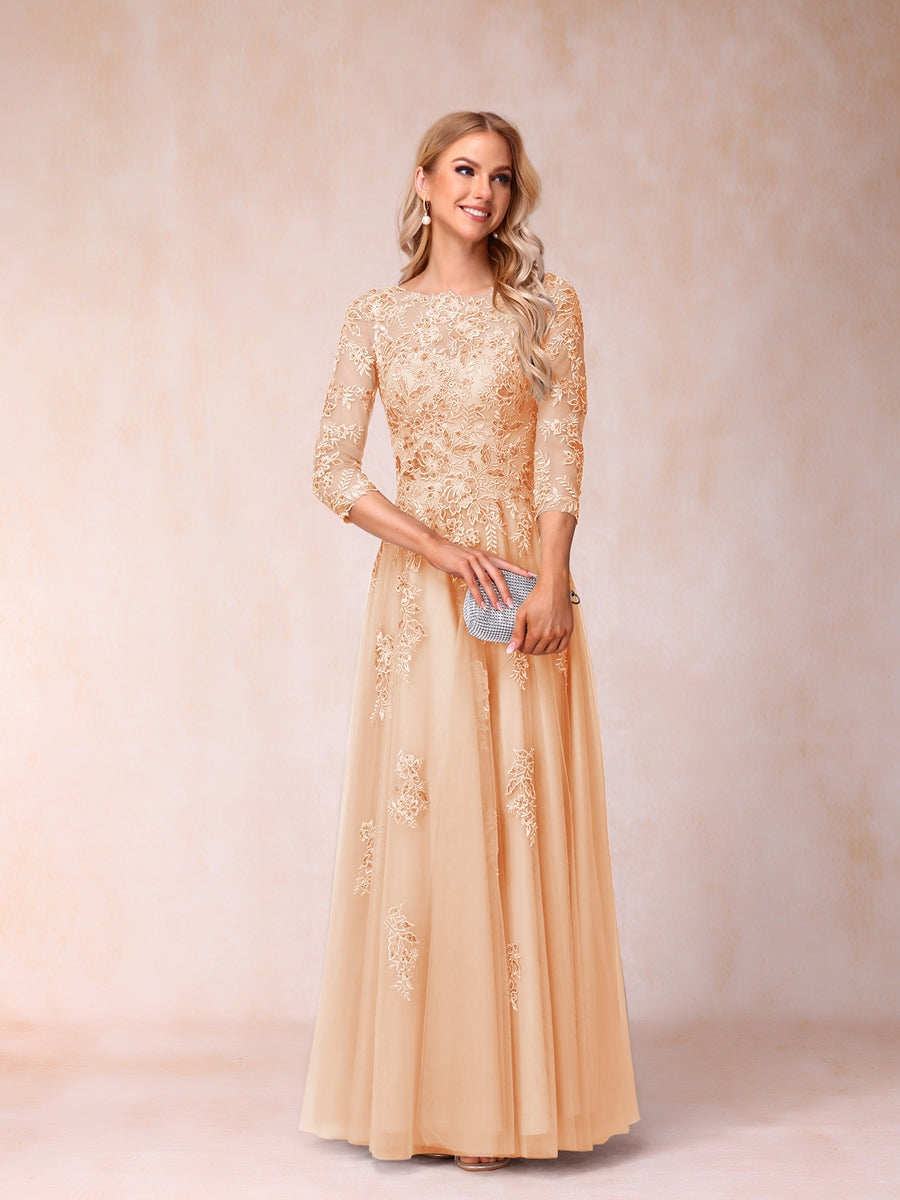 A-Line/Princess Sheer Neck Half Sleeves Long Formal Evening Dresses with Beading & Appliques
