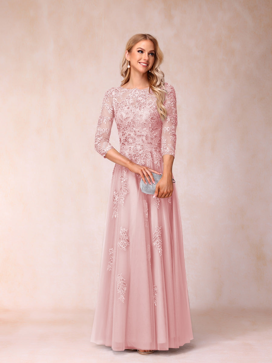 A-Line/Princess Sheer Neck Half Sleeves Long Formal Evening Dresses with Beading & Appliques