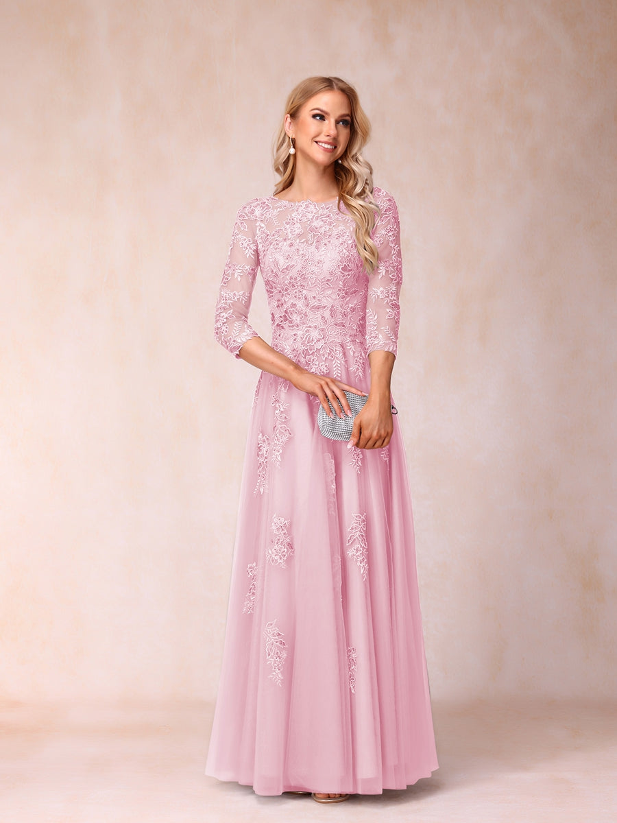 A-Line/Princess Sheer Neck Half Sleeves Long Formal Evening Dresses with Beading & Appliques