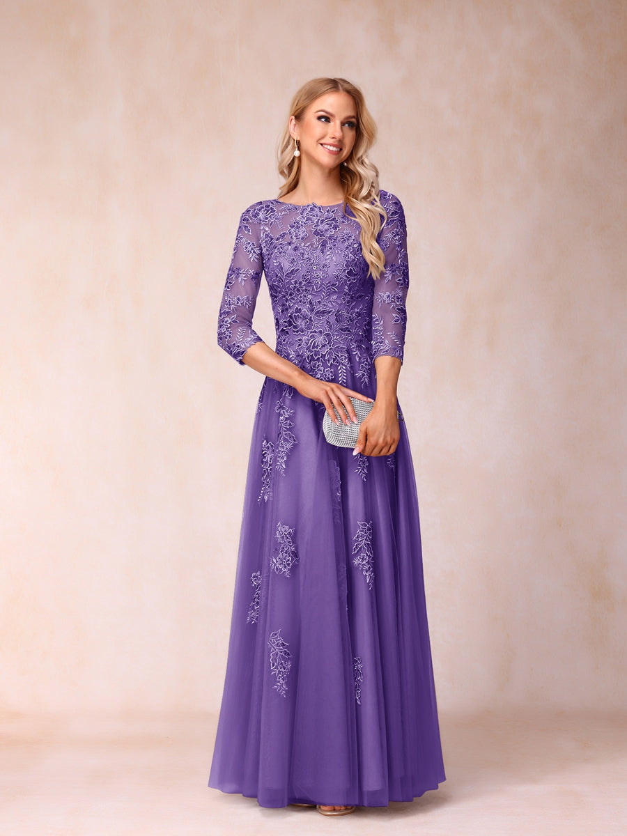 A-Line/Princess Sheer Neck Half Sleeves Long Formal Evening Dresses with Beading & Appliques