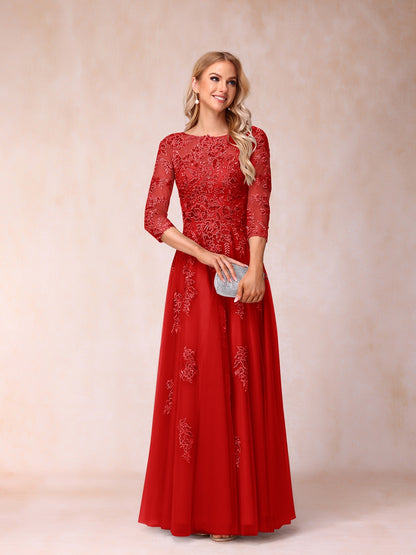 A-Line/Princess Sheer Neck Half Sleeves Long Formal Evening Dresses with Beading & Appliques