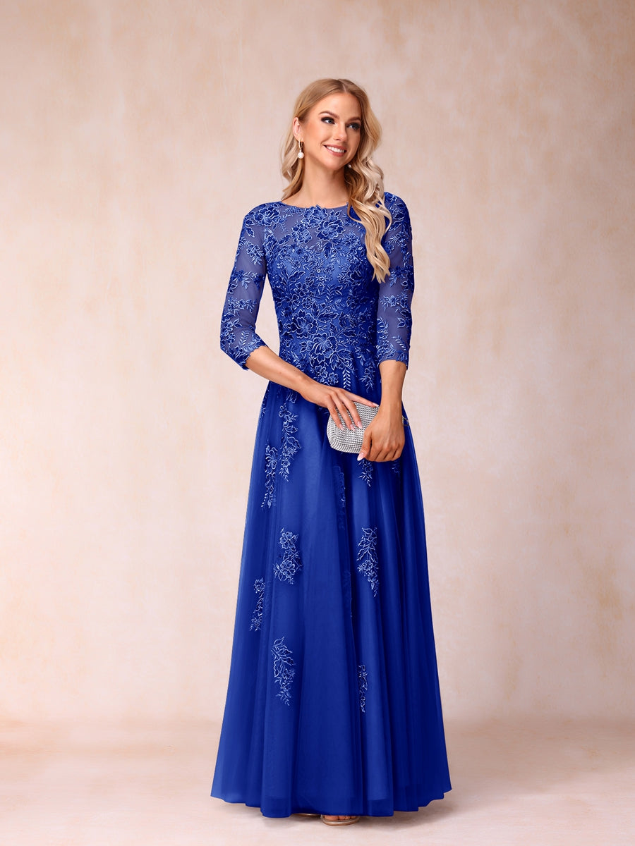 A-Line/Princess Sheer Neck Half Sleeves Long Formal Evening Dresses with Beading & Appliques