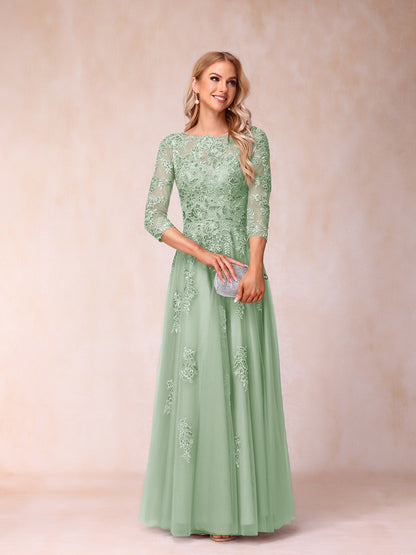 A-Line/Princess Sheer Neck Half Sleeves Long Formal Evening Dresses with Beading & Appliques