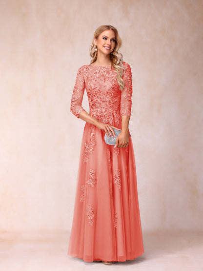 A-Line/Princess Sheer Neck Half Sleeves Long Formal Evening Dresses with Beading & Appliques