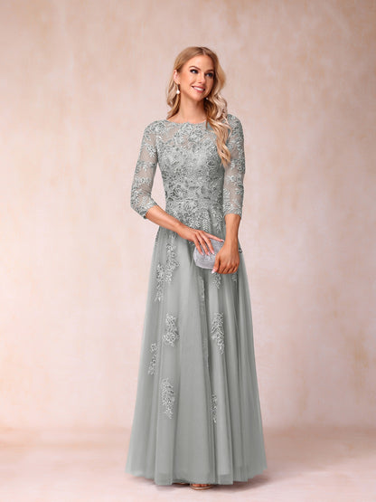 A-Line/Princess Sheer Neck Half Sleeves Long Formal Evening Dresses with Beading & Appliques