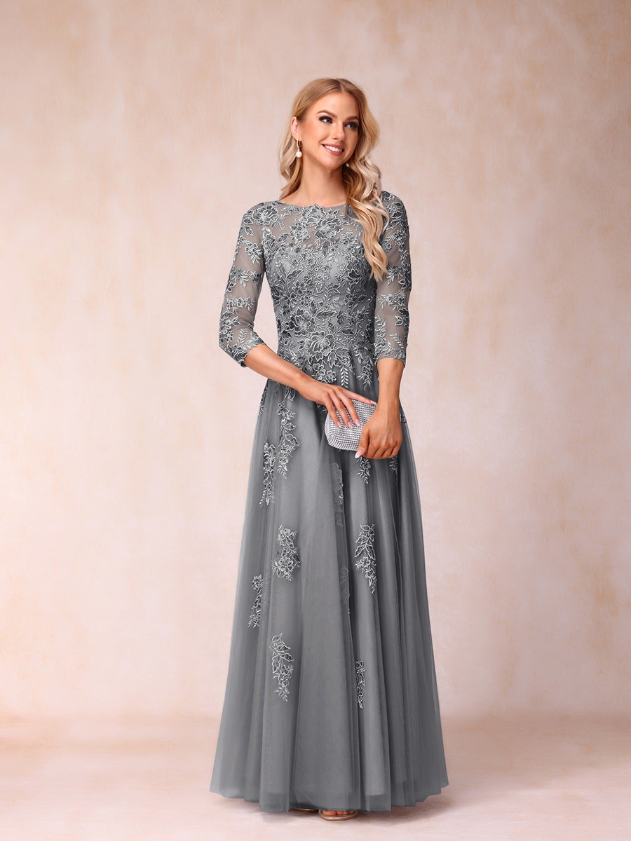 A-Line/Princess Sheer Neck Half Sleeves Long Formal Evening Dresses with Beading & Appliques
