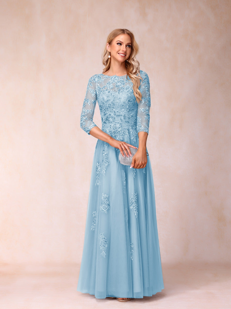 A-Line/Princess Sheer Neck Half Sleeves Long Formal Evening Dresses with Beading & Appliques