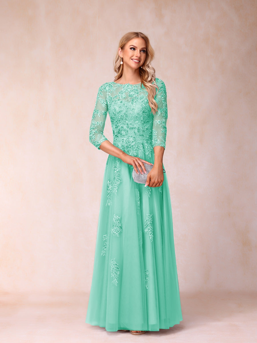 A-Line/Princess Sheer Neck Half Sleeves Long Formal Evening Dresses with Beading & Appliques