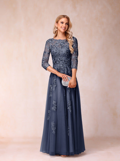 A-Line/Princess Sheer Neck Half Sleeves Long Formal Evening Dresses with Beading & Appliques