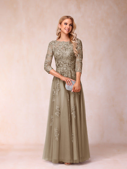 A-Line/Princess Sheer Neck Half Sleeves Long Formal Evening Dresses with Beading & Appliques