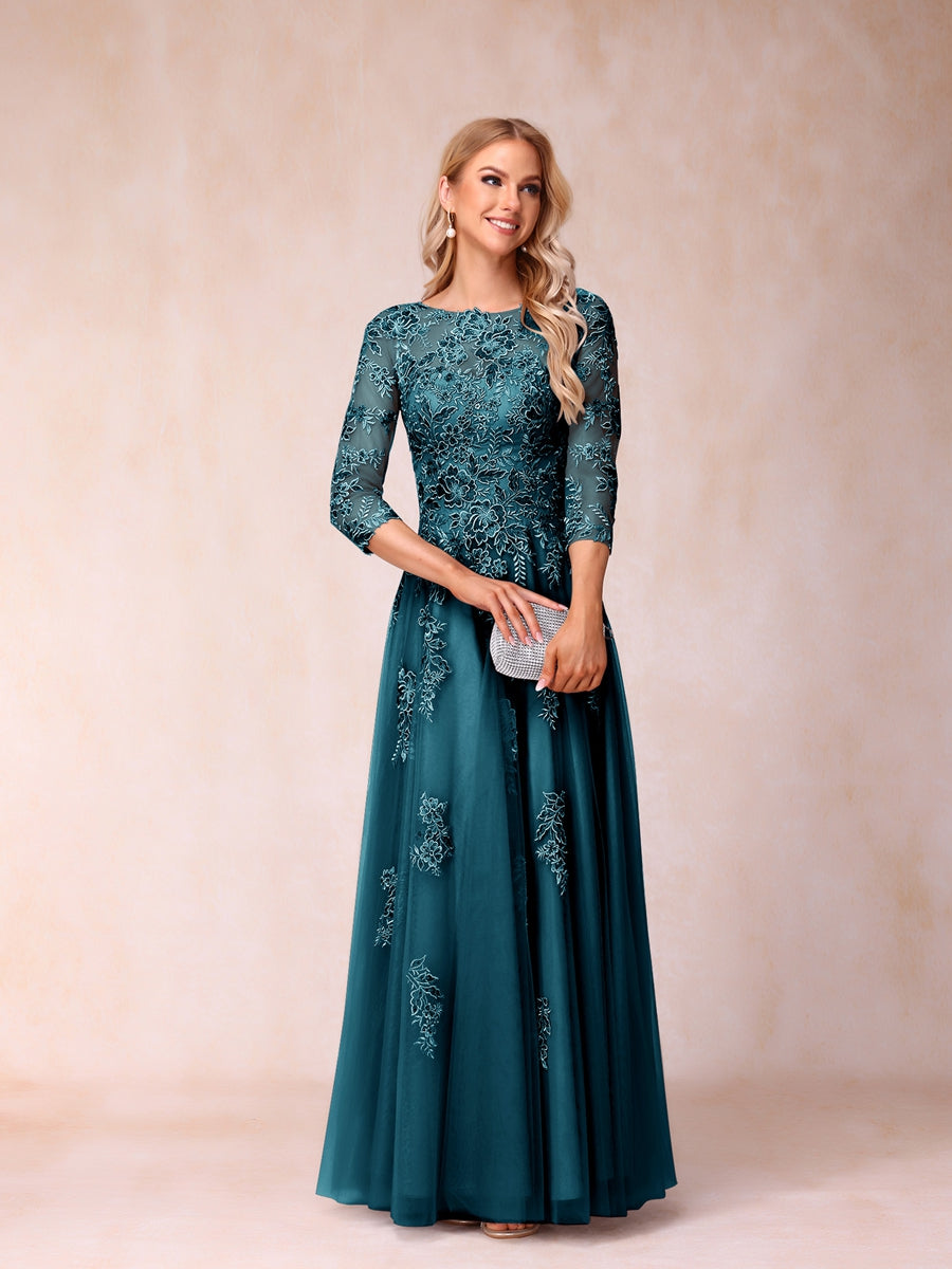 A-Line/Princess Sheer Neck Half Sleeves Long Formal Evening Dresses with Beading & Appliques