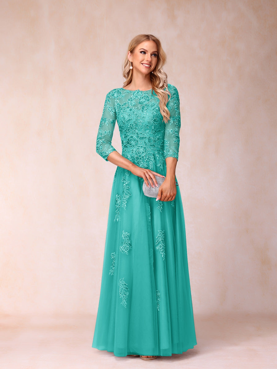 A-Line/Princess Sheer Neck Half Sleeves Long Formal Evening Dresses with Beading & Appliques