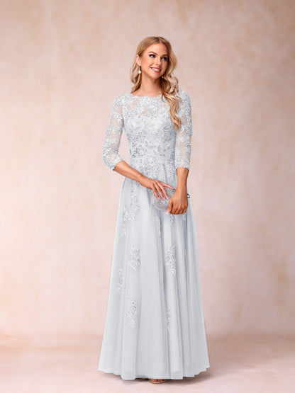 A-Line/Princess Sheer Neck Half Sleeves Long Formal Evening Dresses with Beading & Appliques