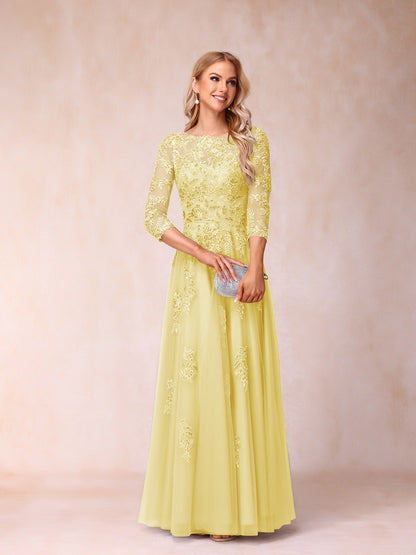 A-Line/Princess Sheer Neck Half Sleeves Long Formal Evening Dresses with Beading & Appliques