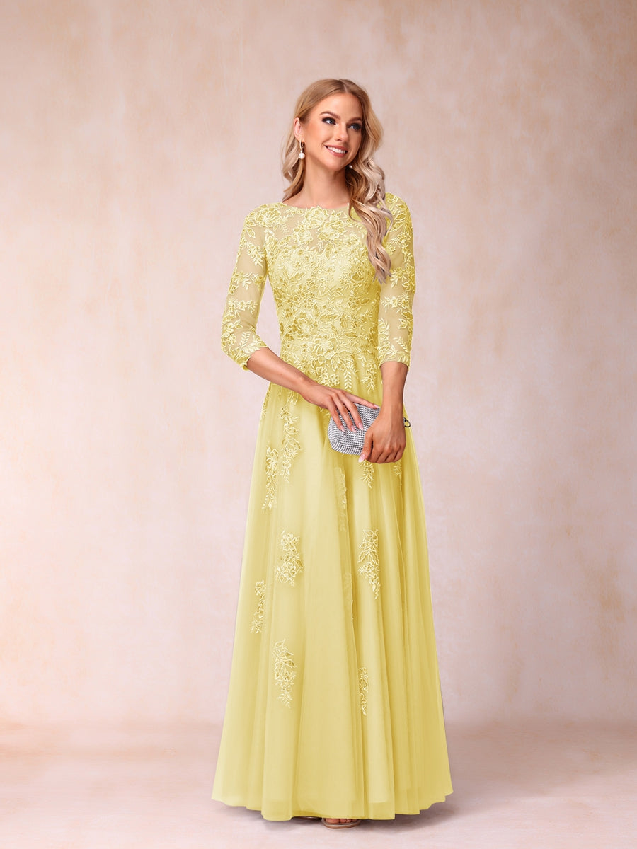 A-Line/Princess Sheer Neck Half Sleeves Long Formal Evening Dresses with Beading & Appliques