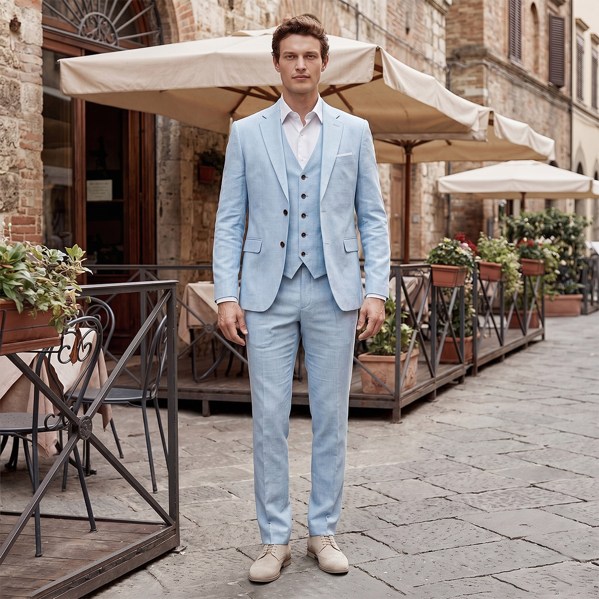 Tailored Fit Single Breasted Two-buttons 3 Pieces Solid coloured Men's Wedding Suits