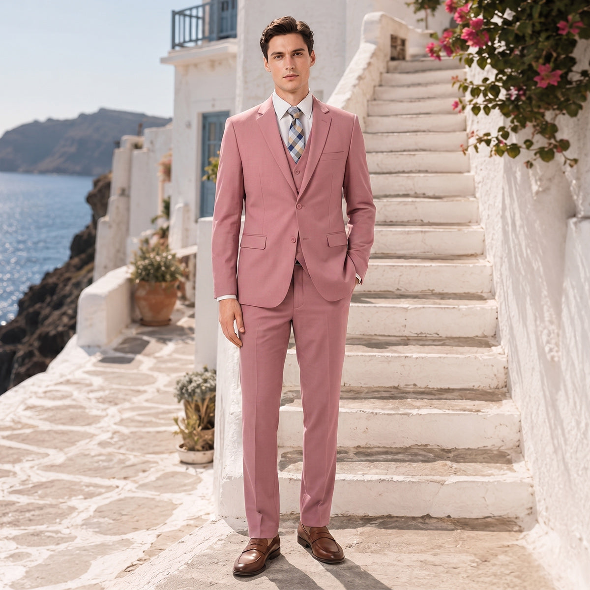 Tailored Fit Single Breasted Two-buttons 3 Pieces Solid coloured Men's Wedding Suits