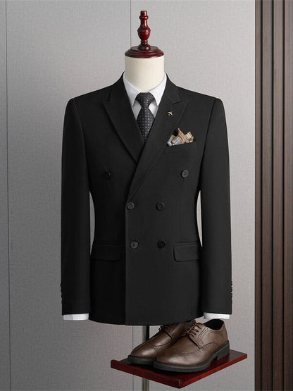 Tailored Fit Peak Lapel Double Breasted Four-Buttons Solid Coloured Men's Formal Jacket
