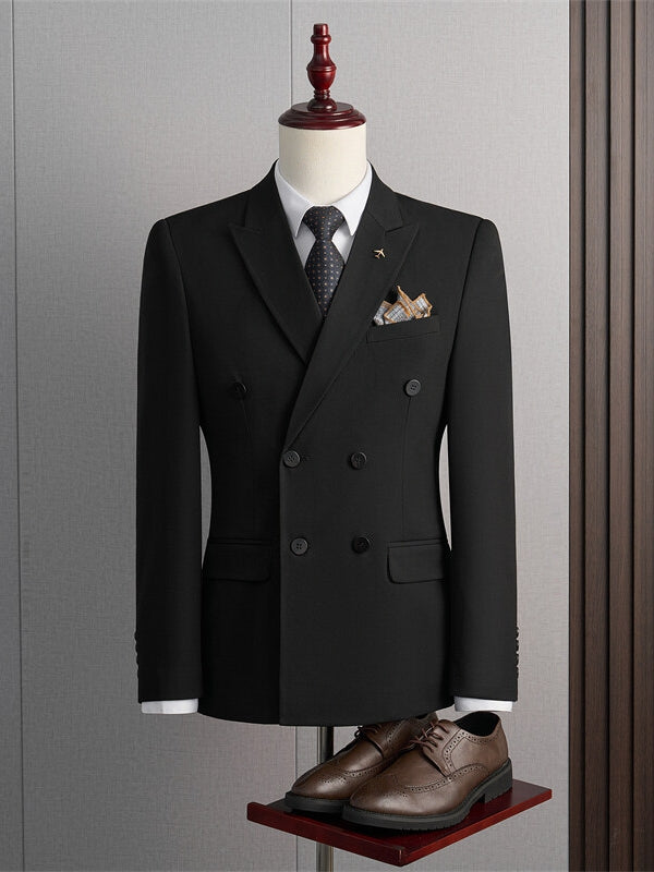 Tailored Fit Peak Lapel Double Breasted Four-Buttons Solid Coloured Men's Formal Jacket