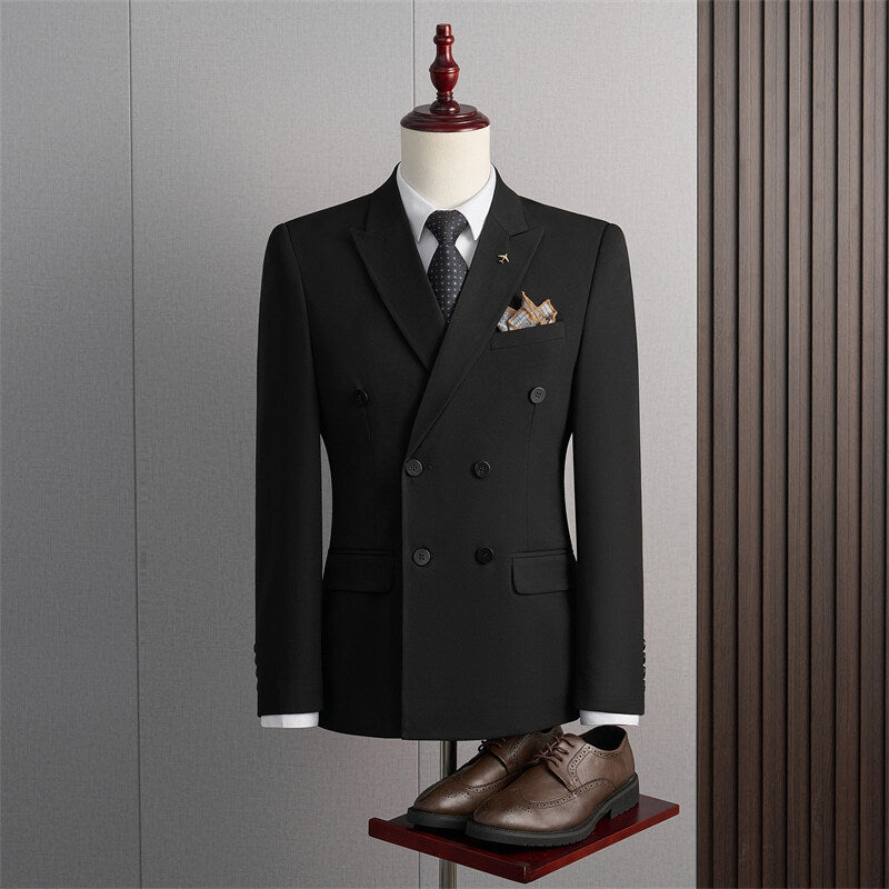 Tailored Fit Peak Lapel Double Breasted Four-Buttons Solid Coloured Men's Formal Jacket