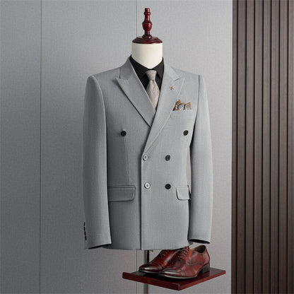 Tailored Fit Peak Lapel Double Breasted Four-Buttons Solid Coloured Men's Formal Jacket