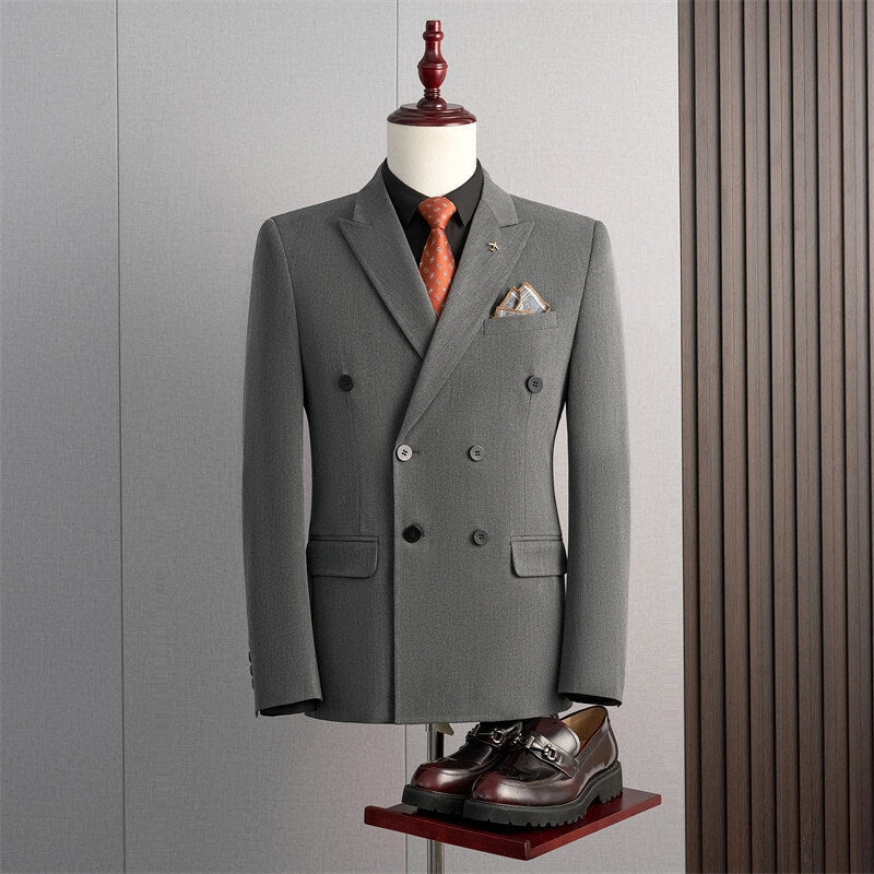 Tailored Fit Peak Lapel Double Breasted Four-Buttons Solid Coloured Men's Formal Jacket