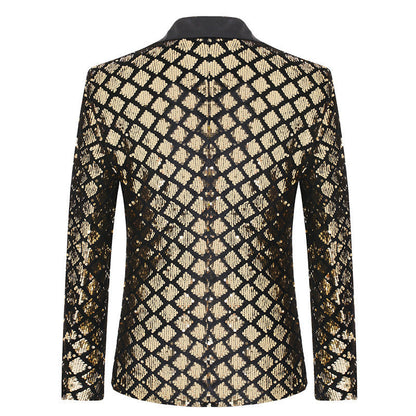 Tailored Fit Peaked Lapel Single Breasted One-Button Sequin Men's Party Jacket