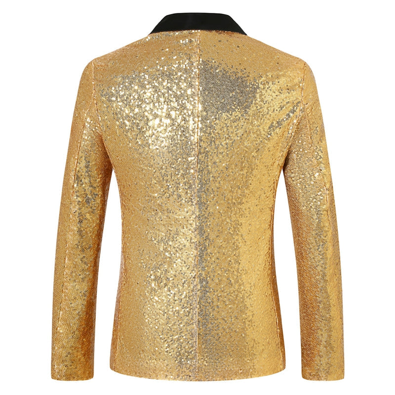 Tailored Fit Peaked Lapel Single Breasted One-Button Sequin Men's Party Jacket with Pockets